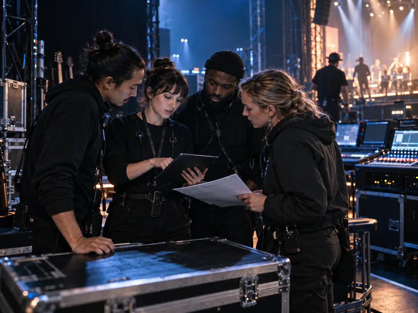 A live-event production crew coordinating backstage